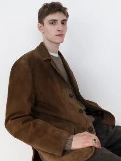Men's Caramel Goat Suede Blazer β 70s Inspired Tailored Jacket 9 Men's Caramel Goat Suede Blazer β 70s Inspired Tailored Jacket -FRAME Clothing Shop Look04 01 jacket lookbook image