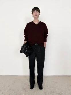 Rich Burgundy Wool-Cashmere V-Neck – Heavyweight Oversized Knit Sweater -FRAME Clothing Shop Look 03A sweater lookbook image