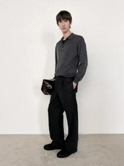 Men's Grey Melange Superfine Merino & Cashmere Polo Sweater - Refined Long Sleeve Knit 7 Men's Grey Melange Superfine Merino & Cashmere Polo Sweater - Refined Long Sleeve Knit -FRAME Clothing Shop Look 11A polo lookbook image