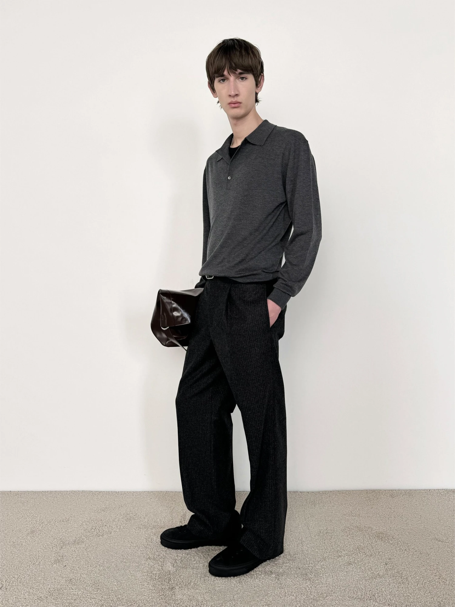 Men's Grey Melange Superfine Merino & Cashmere Polo Sweater - Refined Long Sleeve Knit 4 Men's Grey Melange Superfine Merino & Cashmere Polo Sweater - Refined Long Sleeve Knit - Image 4