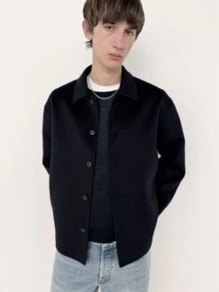 Double Face Wool Shirt Jacket in Dark Navy – Refined Monochrome Dropped-Shoulder Layer -FRAME Clothing Shop Look 22B shirt lookbook image