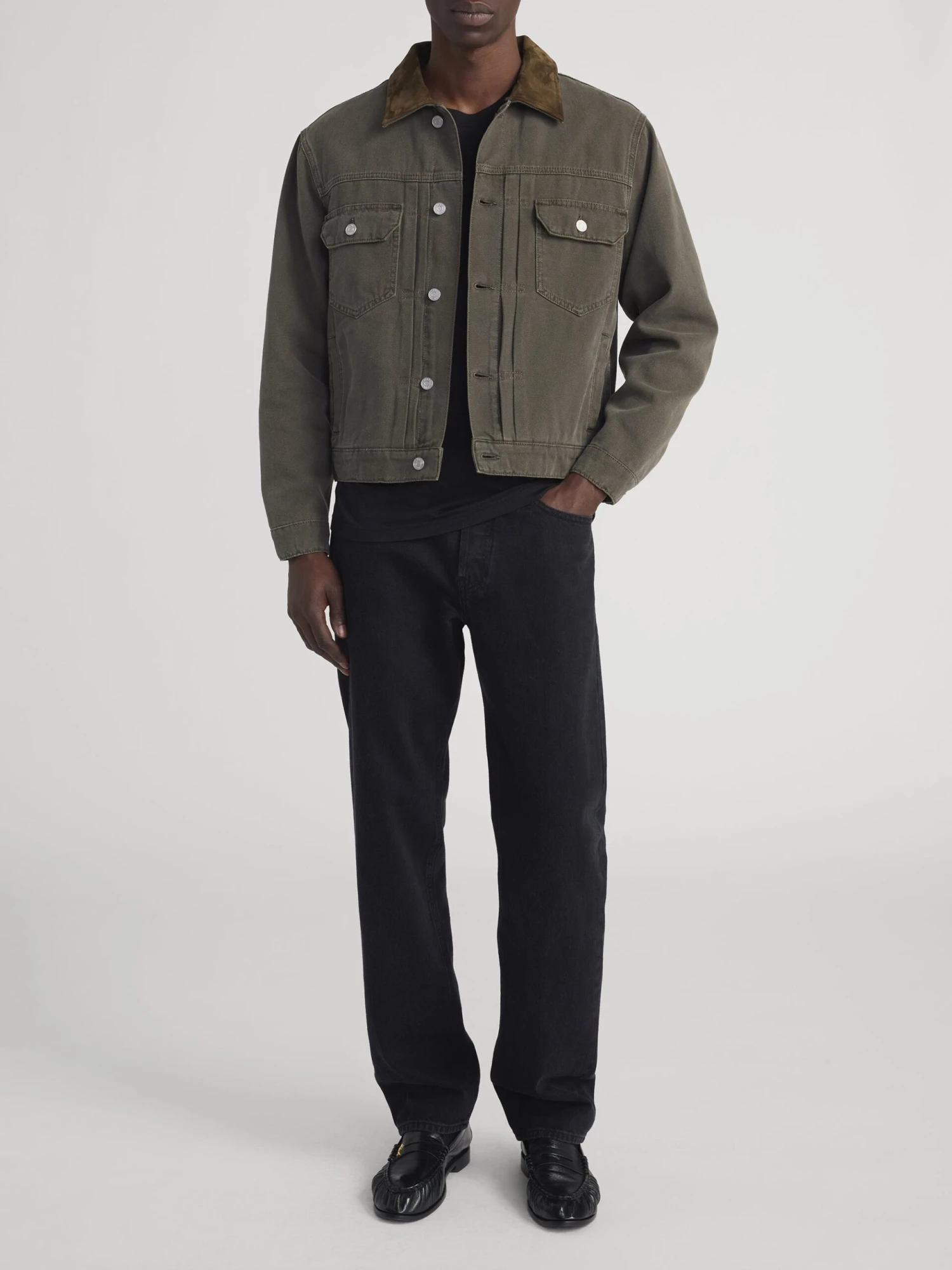 Antique Dark Olive Canvas Trucker Jacket - Contrast Collar Classic Fit 2 Antique Dark Olive Canvas Trucker Jacket - Contrast Collar Classic Fit - Image 2