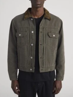 Antique Dark Olive Canvas Trucker Jacket - Contrast Collar Classic Fit 9 Antique Dark Olive Canvas Trucker Jacket - Contrast Collar Classic Fit -FRAME Clothing Shop M007WJA601 ADKO 2821 jacket front image