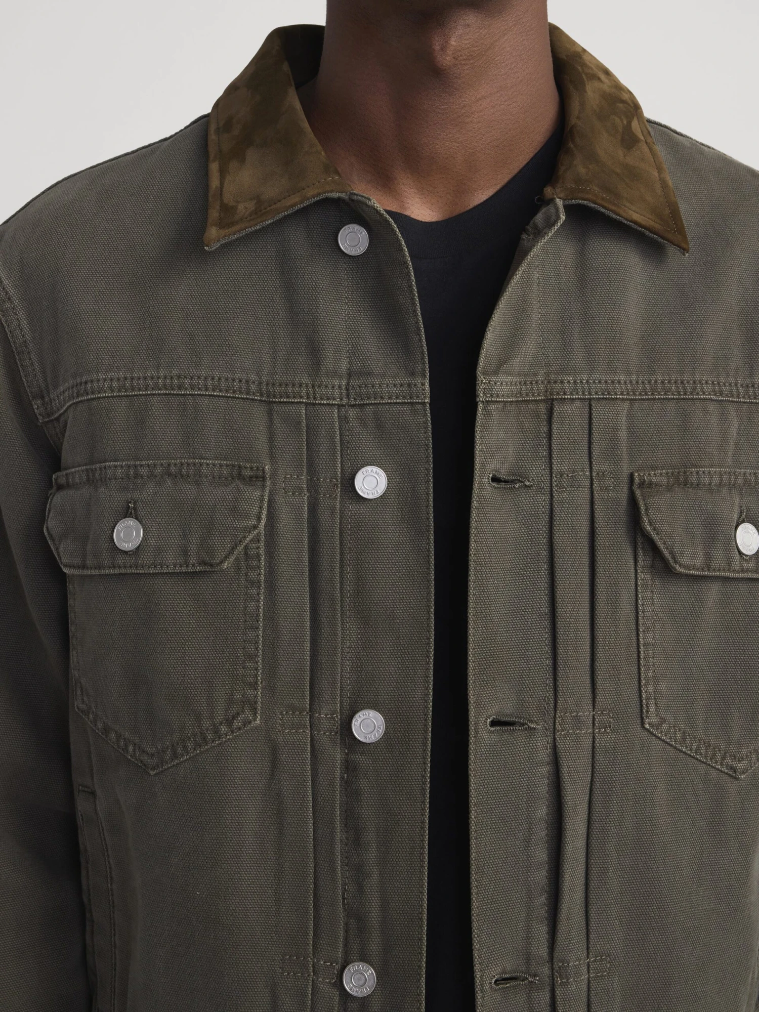 Antique Dark Olive Canvas Trucker Jacket - Contrast Collar Classic Fit 4 Antique Dark Olive Canvas Trucker Jacket - Contrast Collar Classic Fit - Image 4