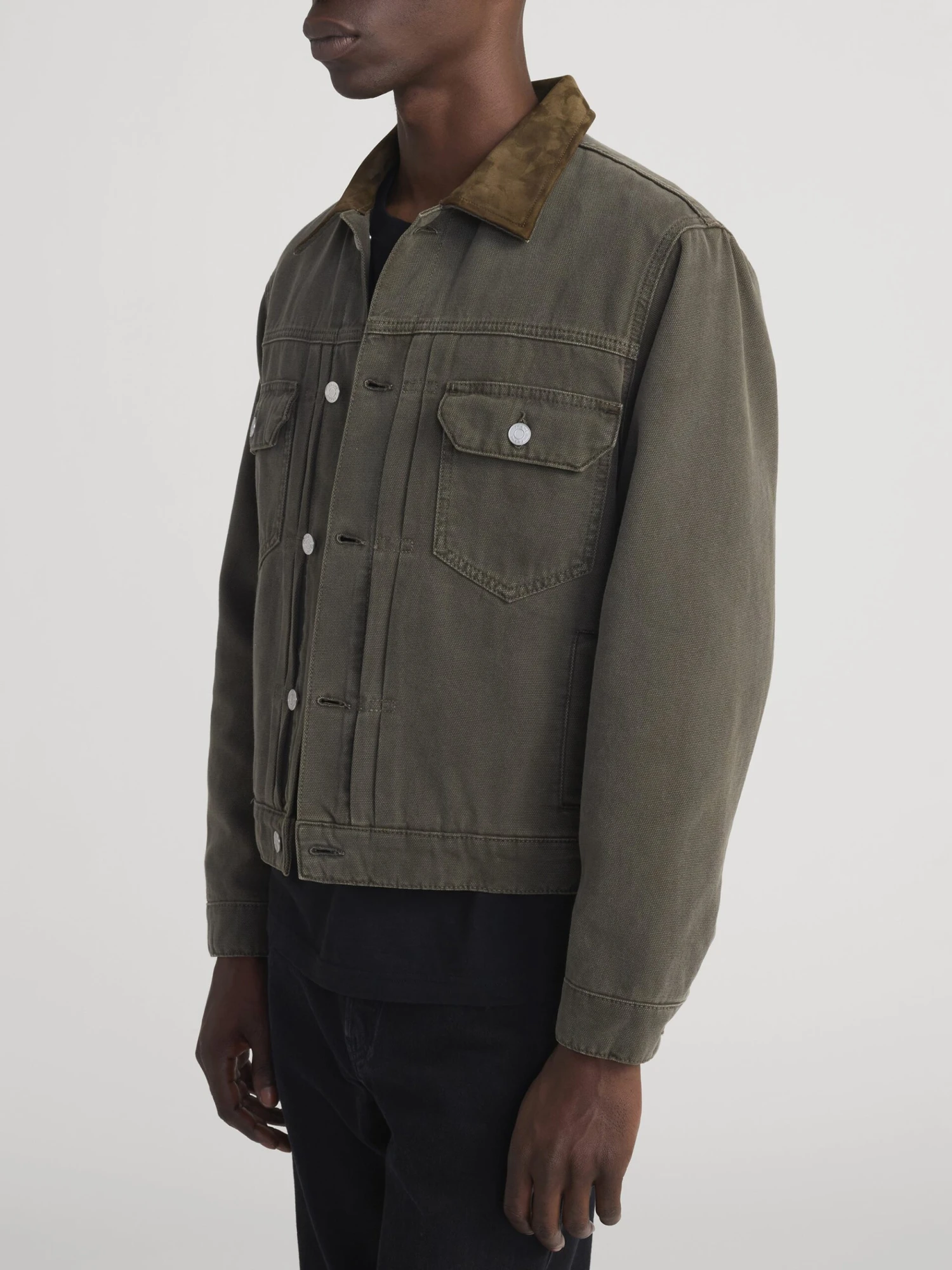 Antique Dark Olive Canvas Trucker Jacket - Contrast Collar Classic Fit 5 Antique Dark Olive Canvas Trucker Jacket - Contrast Collar Classic Fit - Image 5