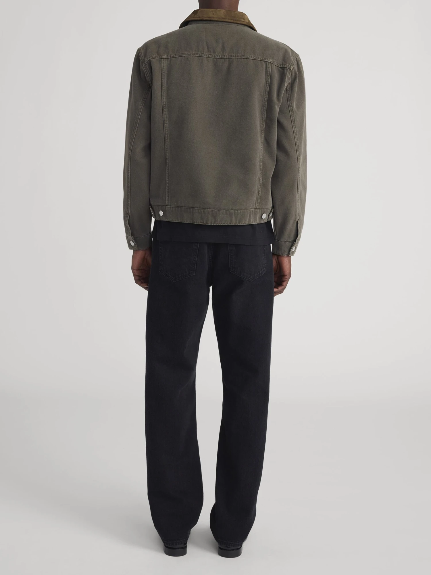 Antique Dark Olive Canvas Trucker Jacket - Contrast Collar Classic Fit 6 Antique Dark Olive Canvas Trucker Jacket - Contrast Collar Classic Fit - Image 6