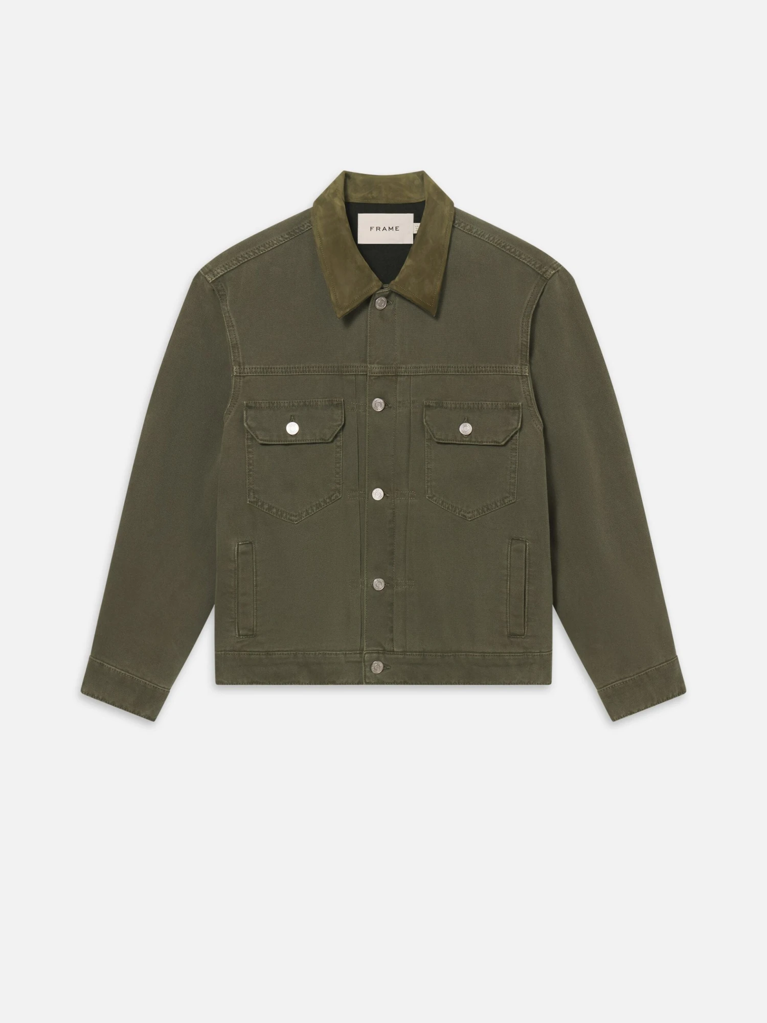 Antique Dark Olive Canvas Trucker Jacket - Contrast Collar Classic Fit 1 Antique Dark Olive Canvas Trucker Jacket - Contrast Collar Classic Fit