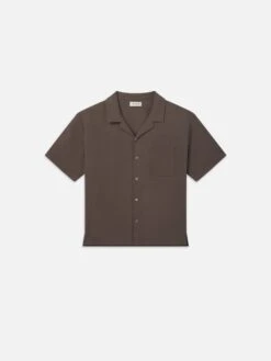 Duo Fold Relaxed Short Sleeve Shirt in Taupe – Premium Double-Knit Cotton Camp Collar Shirt
