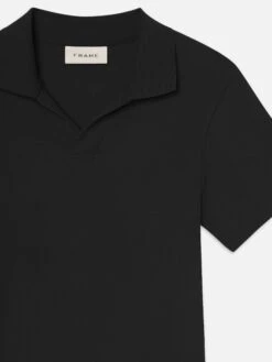 Men's Black Jacquard Textured Polo – Open V-Neck Minimalist Cotton Shirt -FRAME Clothing Shop ME24JSH005 BLK DET polo front detail packshot image