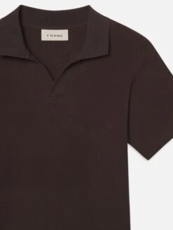 Brown Jacquard Textured Cotton Open V-Neck Polo Shirt -FRAME Clothing Shop ME24JSH005 BRWN DET polo front detail packshot image