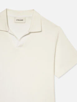 Premium Textured Jacquard Polo in Off White – Open V-Neck Short Sleeve Shirt 7 Premium Textured Jacquard Polo in Off White – Open V-Neck Short Sleeve Shirt -FRAME Clothing Shop ME24JSH005 OFFW DETAILS 10603 shirt detail packshot image