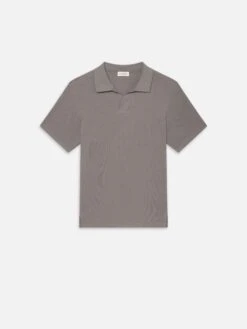 Men's Jacquard Polo in Storm Grey – Textured Cotton Buttonless Open V-Neck Shirt