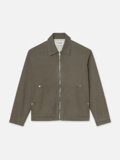 Olive Green Garment Washed Modern Zip-Up – Oversized Patch Pocket Trucker Jacket