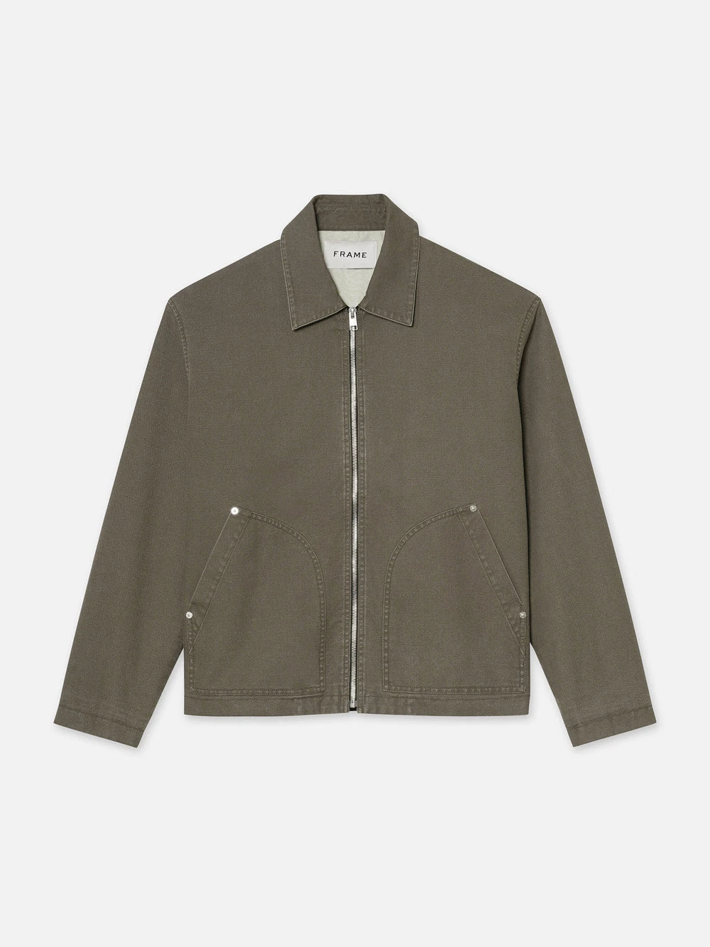 Olive Green Garment Washed Modern Zip-Up β Oversized Patch Pocket Trucker Jacket 1 Olive Green Garment Washed Modern Zip-Up β Oversized Patch Pocket Trucker Jacket