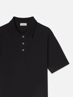 Men's Lightweight Cotton Pique Polo Shirt – Classic Black Structured Fit -FRAME Clothing Shop ME25JTE002 BLK DET polo front detail packshot image