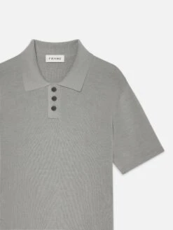 Cotton Silk Polo Sweater in Grey Blue – Fine Ribbed Silk-Cotton Blend Knit -FRAME Clothing Shop ME25KSW004 GYBL DET polo front detail packshot image