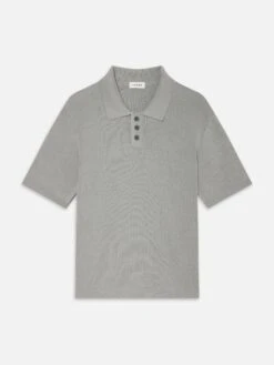 Cotton Silk Polo Sweater in Grey Blue – Fine Ribbed Silk-Cotton Blend Knit