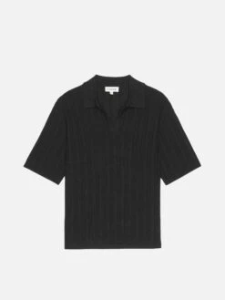 Cotton Silk Ribbed Polo Sweater in Black – Premium Long Sleeve Knit Polo