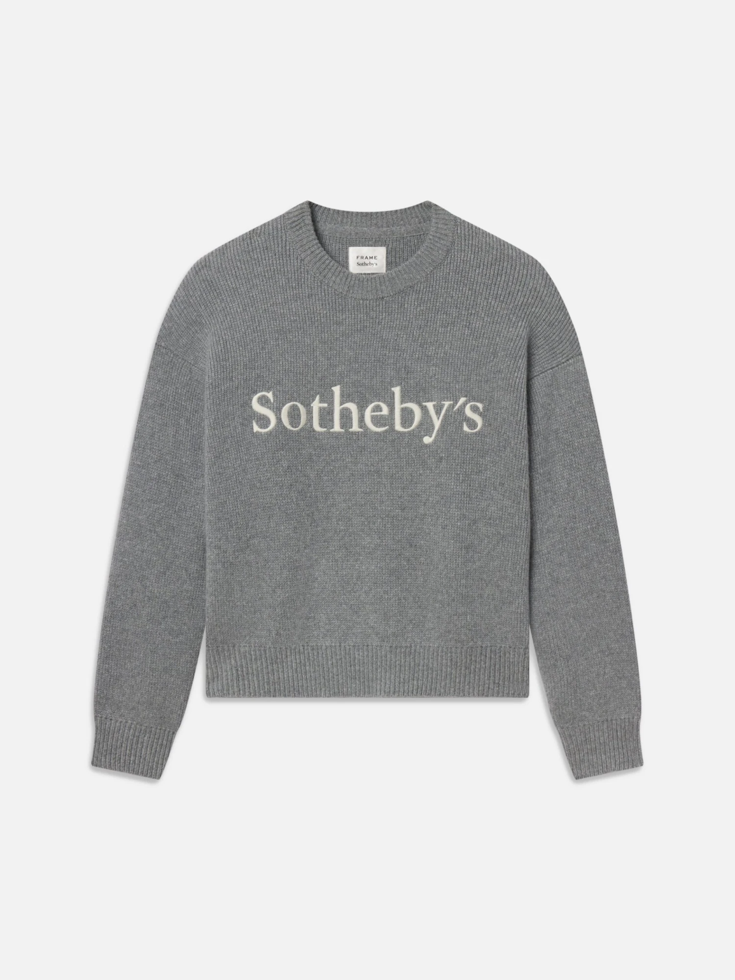 Sotheby's Grey Melange Cashmere Crew Neck Sweater – White Logo Graphic Luxury Knit 1 Sotheby's Grey Melange Cashmere Crew Neck Sweater – White Logo Graphic Luxury Knit