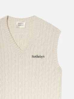 Sotheby's Unisex Cream Cable Knit Sweater Vest – Classic V-Neck Sleeveless Pullover -FRAME Clothing Shop ME25KSW020 CREAM DET vest front detail packshot image