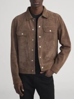 Men's Mocha Supple Suede Trucker Jacket – Premium Silver Hardware Utility Outerwear 9 Men's Mocha Supple Suede Trucker Jacket – Premium Silver Hardware Utility Outerwear -FRAME Clothing Shop ME25LJA006 MCH 0126 jacket front image