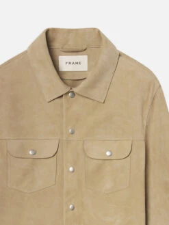 Oxford Beige Premium Suede Trucker Jacket β Luxury Workwear with Silver Hardware 8 Oxford Beige Premium Suede Trucker Jacket β Luxury Workwear with Silver Hardware -FRAME Clothing Shop ME25LJA006 OXBE DET jacket front detail packshot image
