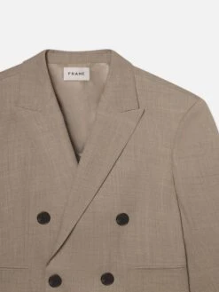 Double Breasted Wool Blazer in Vintage Khaki – Structured Shoulder Tailored Suit Jacket -FRAME Clothing Shop ME25WBZ006 VIKH DET blazer front detail packshot image