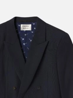 Sotheby's Classic Navy Wool-Mohair - Gavel-Print Lining Double-Breasted Peak Lapel Blazer -FRAME Clothing Shop ME25WBZ010 NAVY DET blazer front detail packshot image