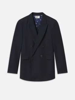 Sotheby's Classic Navy Wool-Mohair - Gavel-Print Lining Double-Breasted Peak Lapel Blazer