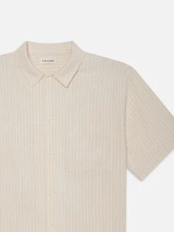 Men's Jacquard Cotton Short Sleeve Shirt in White Sand – Breathable Textured Summer Button-Down -FRAME Clothing Shop ME25WSH008 WTSD DETcopy shirt front detail packshot image