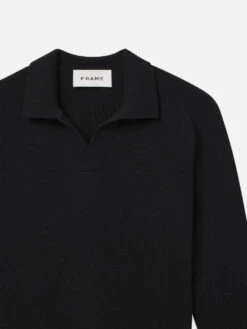 Black Silk-Wool Blend Polo Sweater – Shallow V-Neck Long Sleeve Classic Fit -FRAME Clothing Shop MF24KSW011 BLK DET sweater front detail packshot image