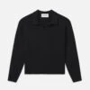 Black Silk-Wool Blend Polo Sweater – Shallow V-Neck Long Sleeve Classic Fit