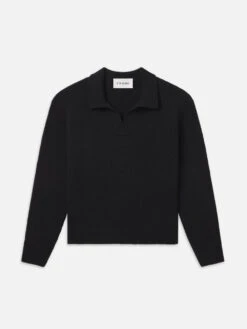 Black Silk-Wool Blend Polo Sweater – Shallow V-Neck Long Sleeve Classic Fit