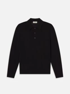 Menβs Superfine Merino & Cashmere Polo Sweater β Jet Black Fine-Knit Essential