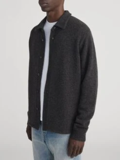 Men's Dark Mocha Knit Button-Down Shirt Sweater – Versatile Long Sleeve Layer 12 Men's Dark Mocha Knit Button-Down Shirt Sweater – Versatile Long Sleeve Layer -FRAME Clothing Shop MF25KSW020 DKMC 2745 sweater side angle image