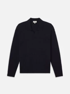 Men's Dark Navy Textured Wool & Cashmere Polo Sweater - Classic Fit Knit