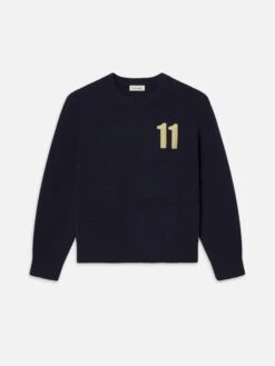 The Society Archive Navy Cashmere Sweater – “11” Graphic Varsity Crewneck