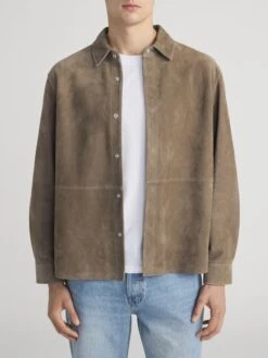 Men's Dark Beige 100% Suede Snap-Front Shacket - Premium Ready-to-Wear Shirt -FRAME Clothing Shop MF25LSH001 DKBG 0067 shirt front image