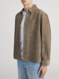 Men's Dark Beige 100% Suede Snap-Front Shacket - Premium Ready-to-Wear Shirt -FRAME Clothing Shop MF25LSH001 DKBG 0077 shirt side angle image