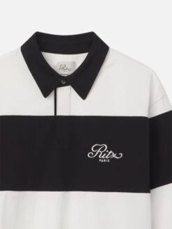 Ritz Paris Cream and Black Striped Rugby Polo Shirt – Relaxed Fit Sporty Preppy Style -FRAME Clothing Shop MP25JSH001 CRBK DET polo front detail packshot image