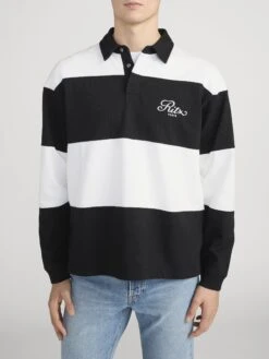 Ritz Paris Cream and Black Striped Rugby Polo Shirt – Relaxed Fit Sporty Preppy Style -FRAME Clothing Shop MP25JSH001 CRBK 02398 5c3e8b37 f21d 4fcf 89ab 75d600b5f2d8 FrontDetail OnModel