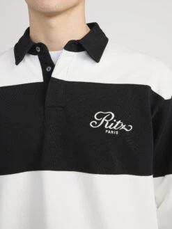 Ritz Paris Cream and Black Striped Rugby Polo Shirt – Relaxed Fit Sporty Preppy Style -FRAME Clothing Shop MP25JSH001 CRBK 02401 OnModel Detail