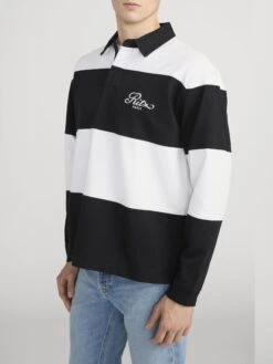 Ritz Paris Cream and Black Striped Rugby Polo Shirt – Relaxed Fit Sporty Preppy Style -FRAME Clothing Shop MP25JSH001 CRBK 02403 Side OnModel