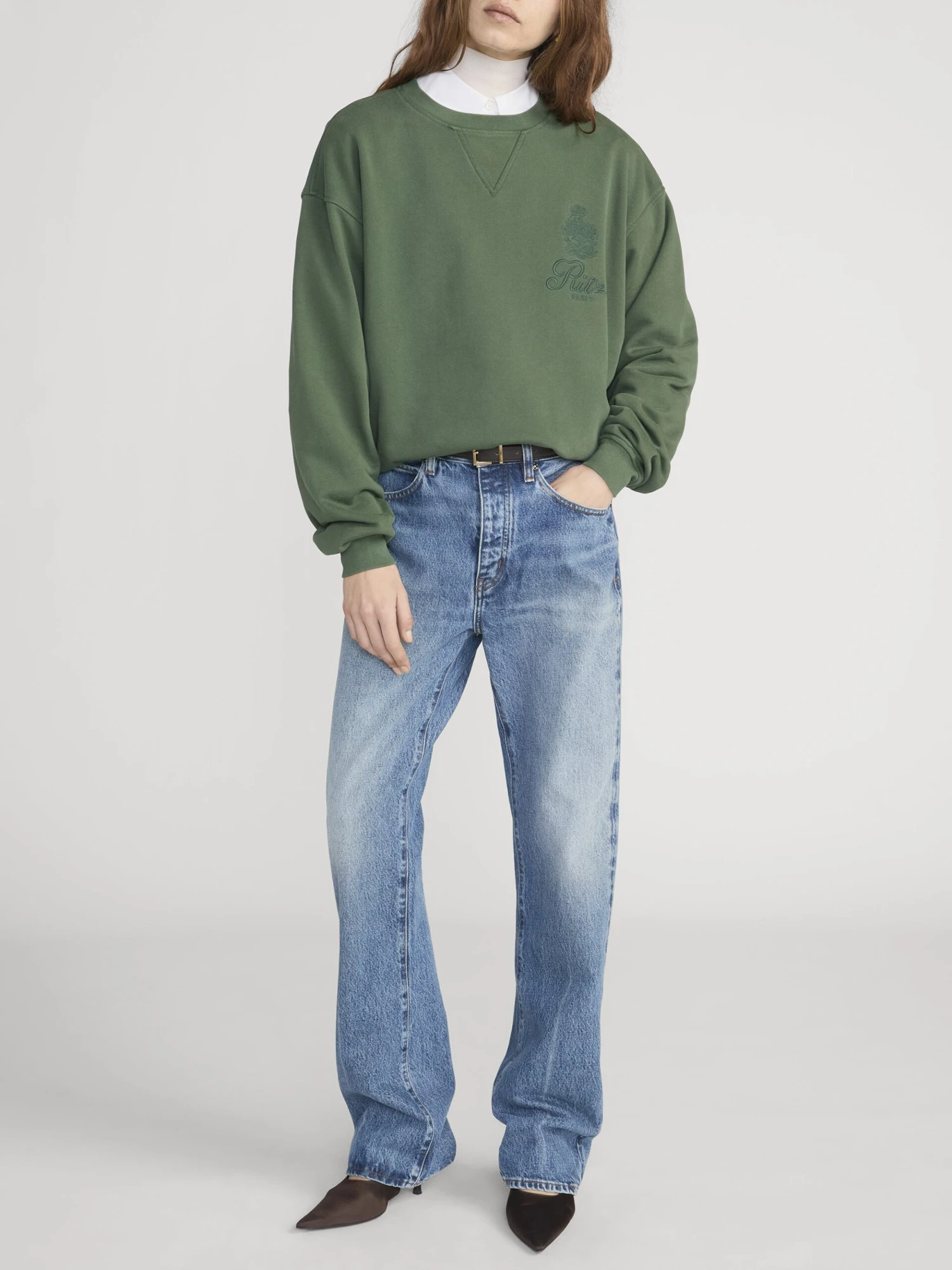 Ritz Paris Hunter Green Tonal Logo – Embroidered Crest Unisex V-Stitch Crewneck 2 Ritz Paris Hunter Green Tonal Logo – Embroidered Crest Unisex V-Stitch Crewneck - Image 2