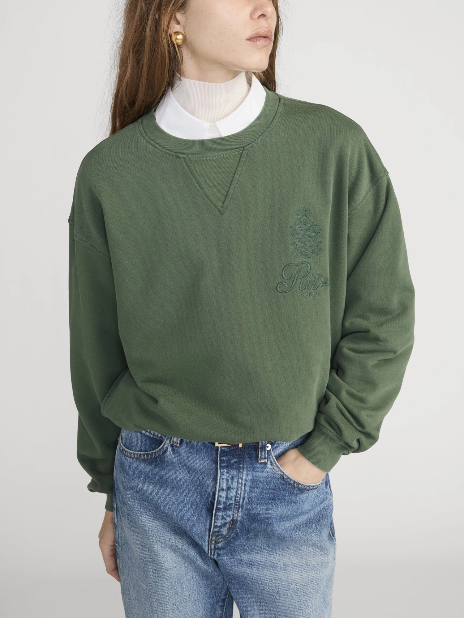 Ritz Paris Hunter Green Tonal Logo – Embroidered Crest Unisex V-Stitch Crewneck 3 Ritz Paris Hunter Green Tonal Logo – Embroidered Crest Unisex V-Stitch Crewneck - Image 3