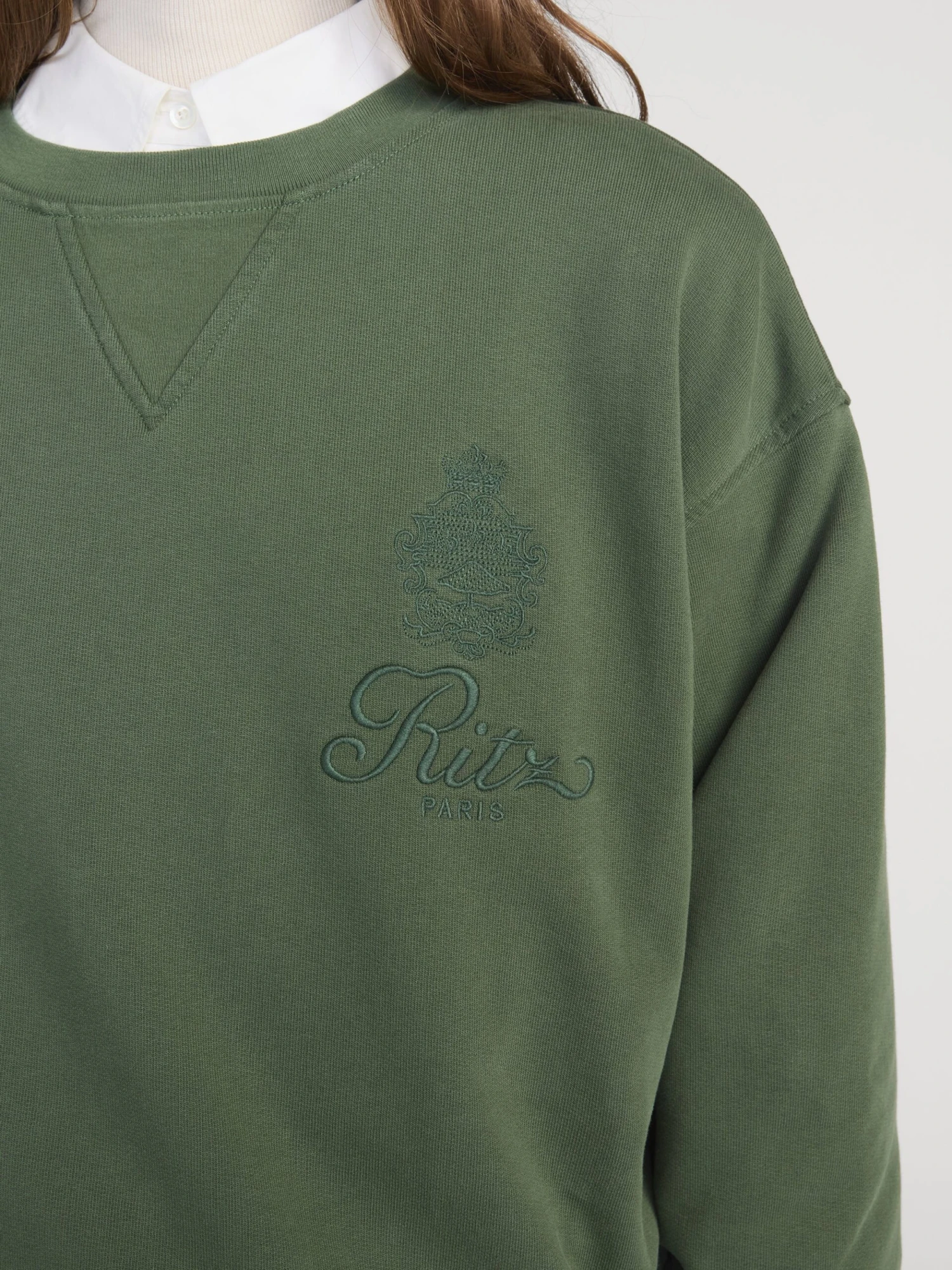 Ritz Paris Hunter Green Tonal Logo – Embroidered Crest Unisex V-Stitch Crewneck 4 Ritz Paris Hunter Green Tonal Logo – Embroidered Crest Unisex V-Stitch Crewneck - Image 4