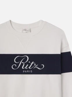 Ritz Paris Cream with Navy Stripe – Sporty Embroidered Cotton Sweatshirt -FRAME Clothing Shop MP25JSS007 CREA DET sweatshirt front detail packshot image