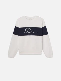 Ritz Paris Cream with Navy Stripe – Sporty Embroidered Cotton Sweatshirt