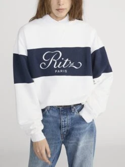 Ritz Paris Cream with Navy Stripe – Sporty Embroidered Cotton Sweatshirt -FRAME Clothing Shop MP25JSS007 CREA 01997 Front Detail OnModel