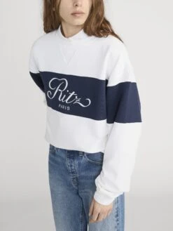 Ritz Paris Cream with Navy Stripe – Sporty Embroidered Cotton Sweatshirt -FRAME Clothing Shop MP25JSS007 CREA 02013 Side OnModel